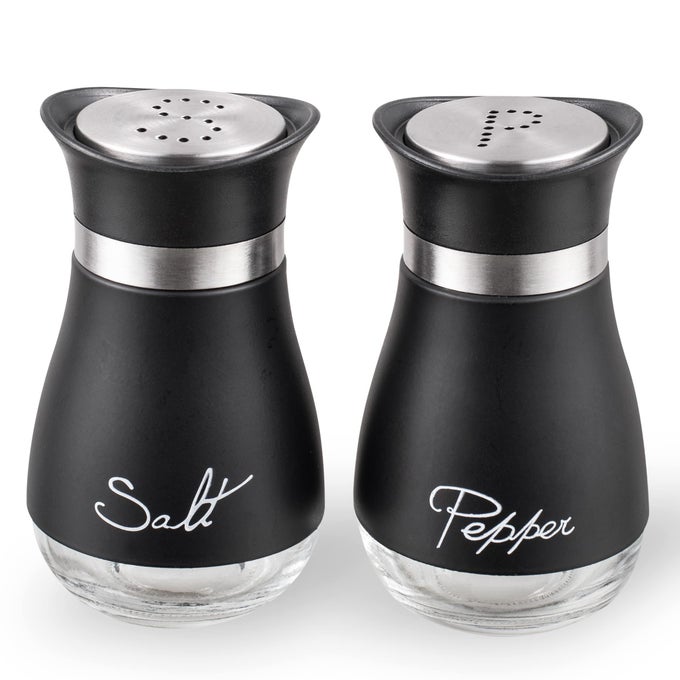 SALT AND PEPPER SHAKERS STAINLESS STEEL AND GLASS BOTTLE SET OF 2 BLACK