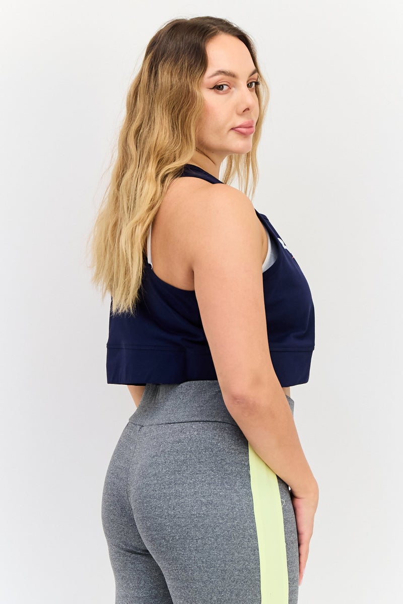 Women Round Neck Sleeveless Brand Logo Tank Top, Navy Blue