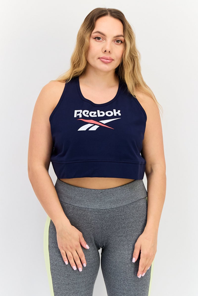 Women Round Neck Sleeveless Brand Logo Tank Top, Navy Blue