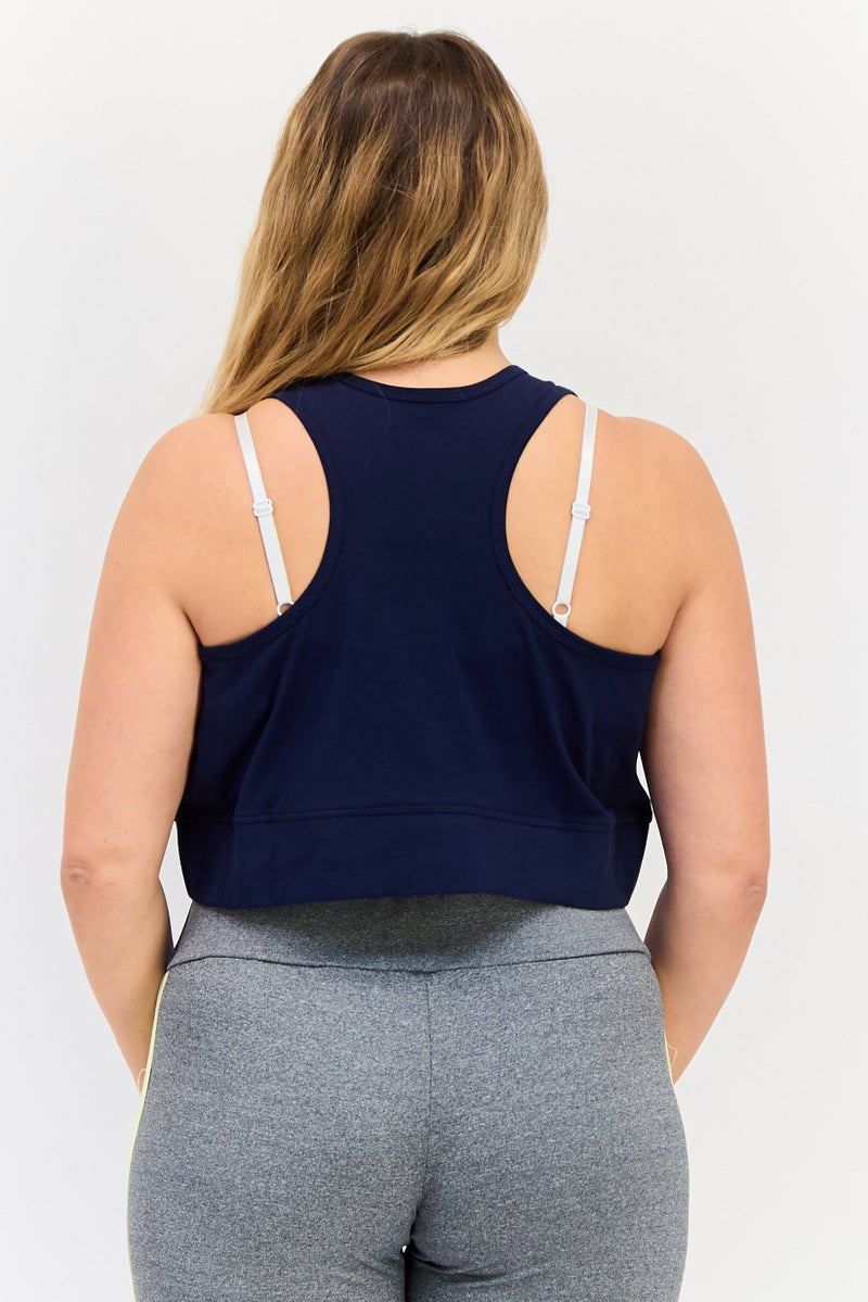 Women Round Neck Sleeveless Brand Logo Tank Top, Navy Blue