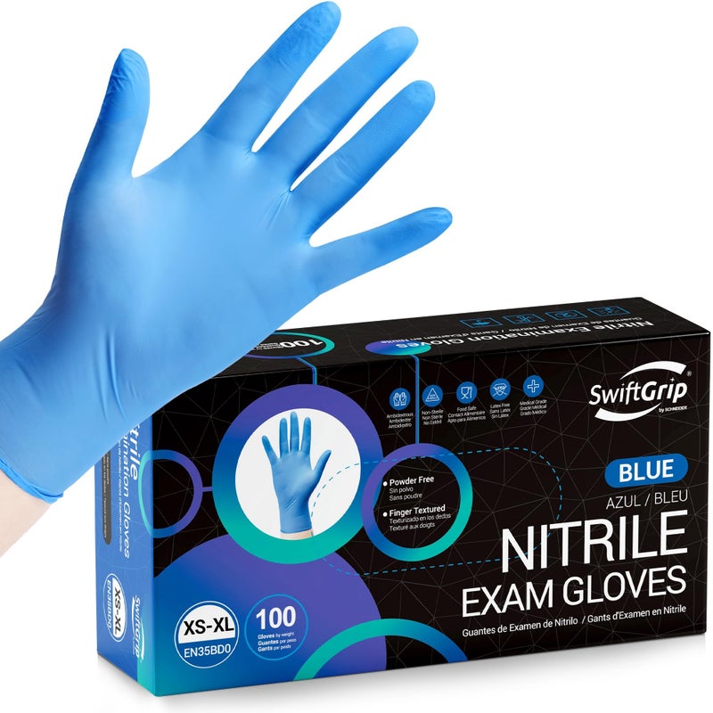 SwiftGrip Disposable Nitrile Exam Gloves, Blue, Nitrile Gloves Disposable Latex Free, Medical Gloves, Cleaning Gloves, Food-Safe Rubber Gloves, Powder Free, Non-Sterile, 100-ct Box (Medium) - Image 1