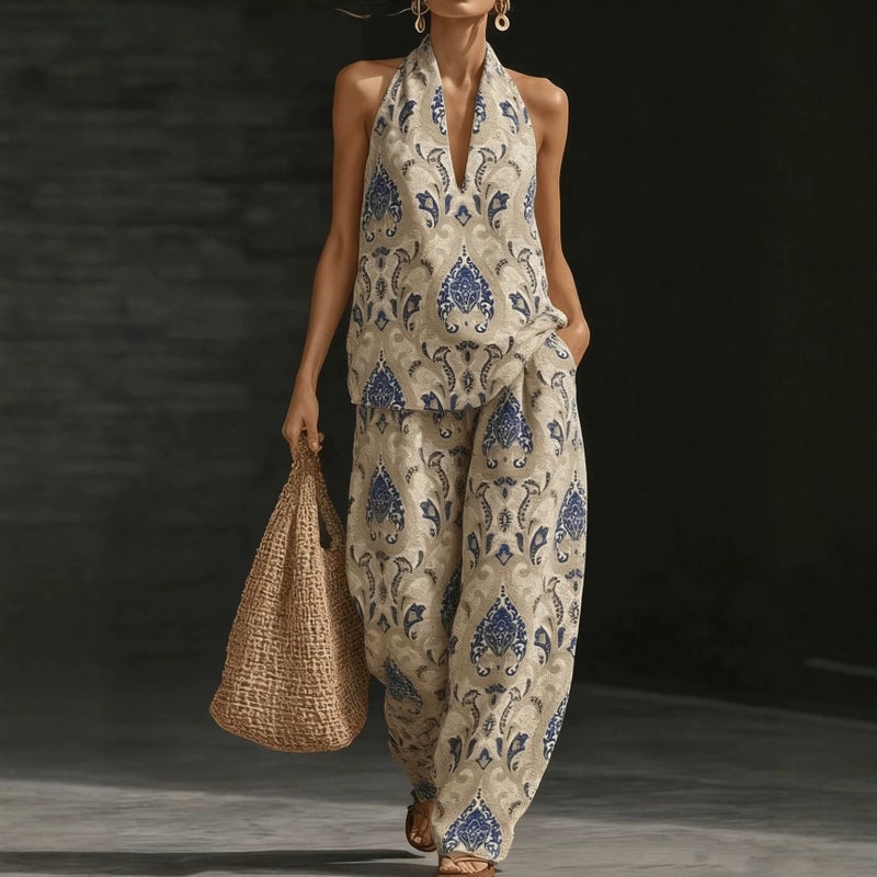 Women's Halter Neck V-Neck Print Sleeveless Casual Suit - Image 3