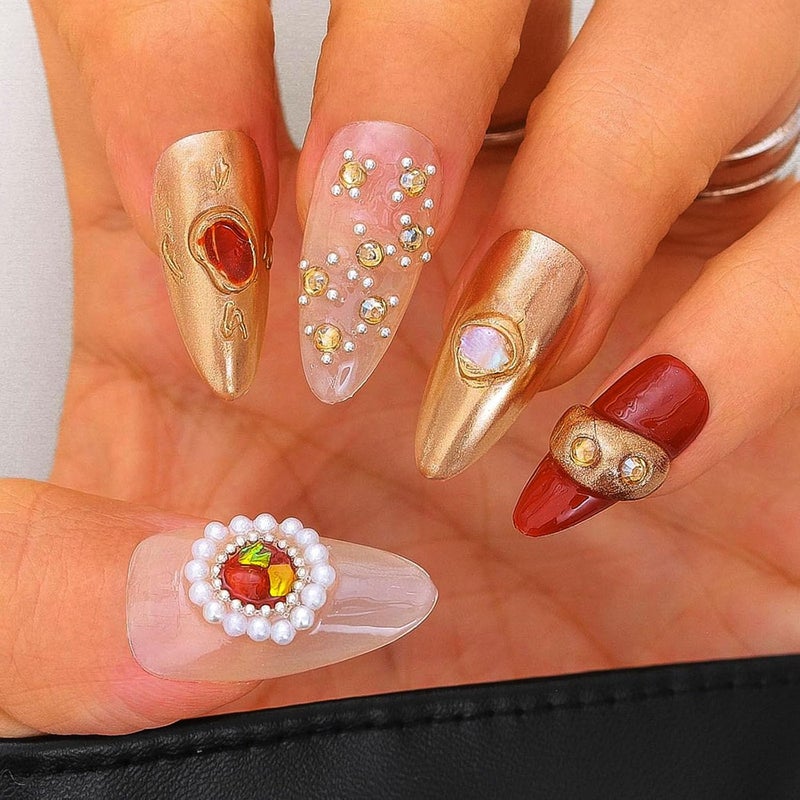 Sethexy Gold Handmade Pressing Nails Almond Long Luxury False Nails with Pattern Acrylic Shiny Pearl False Nails Salon Nails for Women and Girls 10PCS (Gold) - Image 3