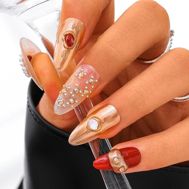 Sethexy Gold Handmade Pressing Nails Almond Long Luxury False Nails with Pattern Acrylic Shiny Pearl False Nails Salon Nails for Women and Girls 10PCS (Gold) - Image 2