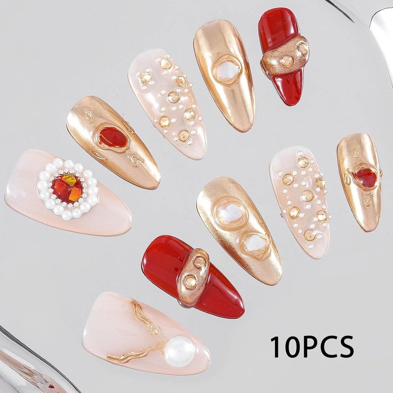 Sethexy Gold Handmade Pressing Nails Almond Long Luxury False Nails with Pattern Acrylic Shiny Pearl False Nails Salon Nails for Women and Girls 10PCS (Gold) - Image 5