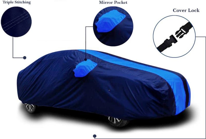 Carigiri Sky Blue and Navy Blue Car Body Cover for Hyundai Eon(Triple Stitched,Mirror Pocket)(Models-2011, 2012, 2013, 2014, 2015, 2016, 2017, 2018, 2019, 2020, 2021) - Image 2