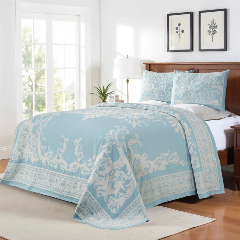 Superior Cotton Blend 3Piece Bedspread Set Oversized Bedspread 2 Matching Pillow Shams Light Weight Blanket Jacquard Traditional Medallion Bedding Decor Adalie Collection King Aqua