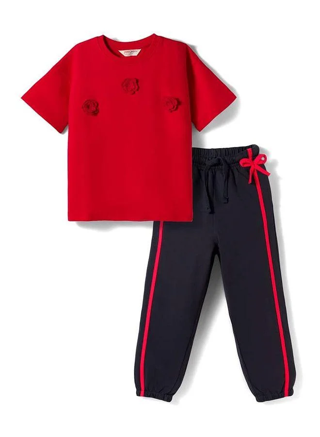 Primo Gino Primo Gino 100% Cotton French Terry Knit Oversized T-Shirt and Lounge Pant Set with Floral Applique - Red and Black