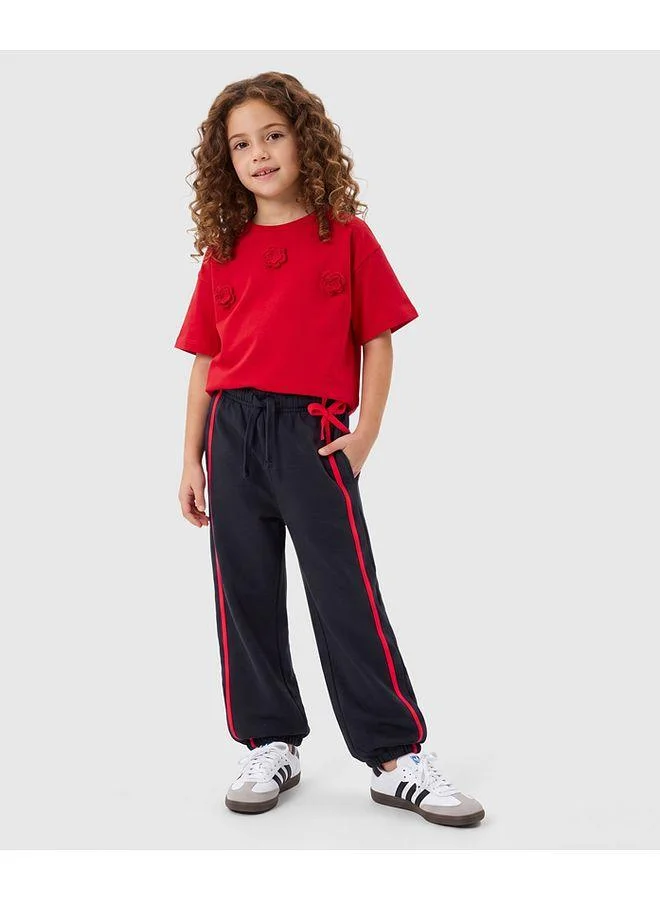 Primo Gino Primo Gino 100% Cotton French Terry Knit Oversized T-Shirt and Lounge Pant Set with Floral Applique - Red and Black