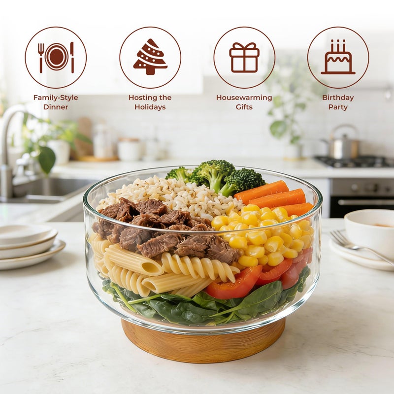 Prikoi 155oz Large Trifle Bowl with Wood Stand, Clear Glass for Displaying Layered Dessert, Salads, Fruit, Modern Design Food Storage Container, Elegant for Party, Holiday, Housewarming Gift - Image 4