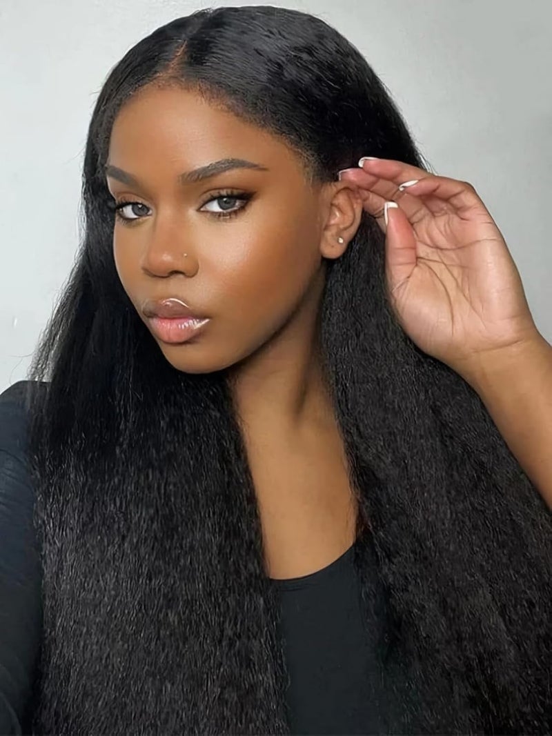 MENTOR 4C Edges Kinky Straight Lace Front Wigs Human Hair Yaki Stairght 13x4 HD Transparent Lace Frontal Kinkystraight Wigs with Curly Edges Hairline PrePlucked 180 Density 18 inch