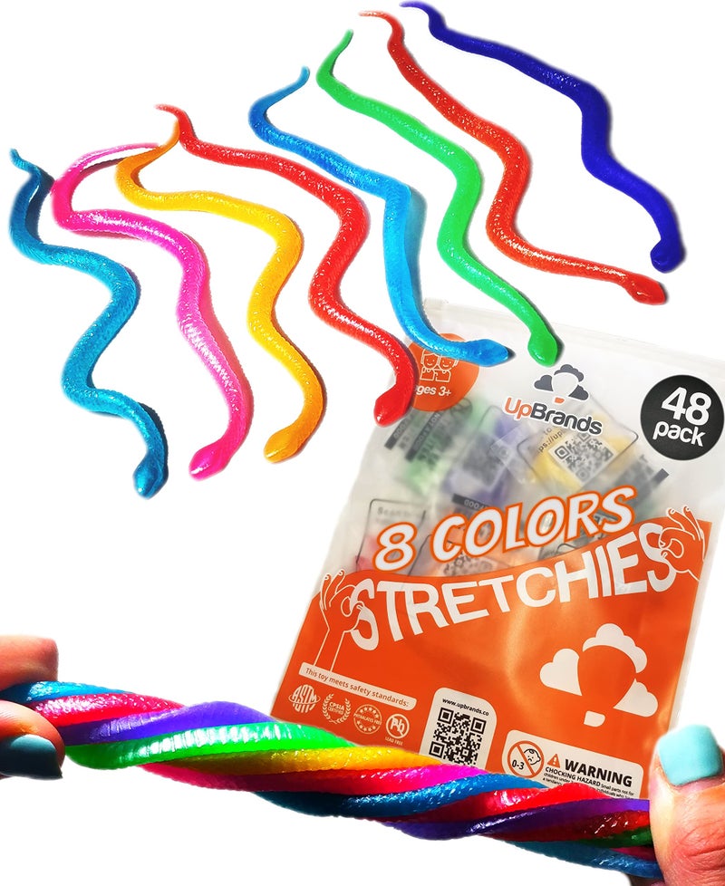 UpBrands 48 Stretchy Snakes Toys 6 Inches Bulk Set 8 Glitter Colors Kit for Birthday Party Favors for Kids Goodie Bags Easter Egg Basket Stuffers Pinata Filler Small Classroom Prizes - Image 3