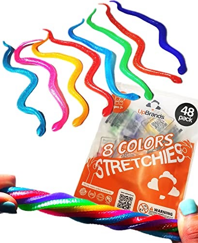 UpBrands 48 Stretchy Snakes Toys 6 Inches Bulk Set 8 Glitter Colors Kit for Birthday Party Favors for Kids Goodie Bags Easter Egg Basket Stuffers Pinata Filler Small Classroom Prizes - Image 1