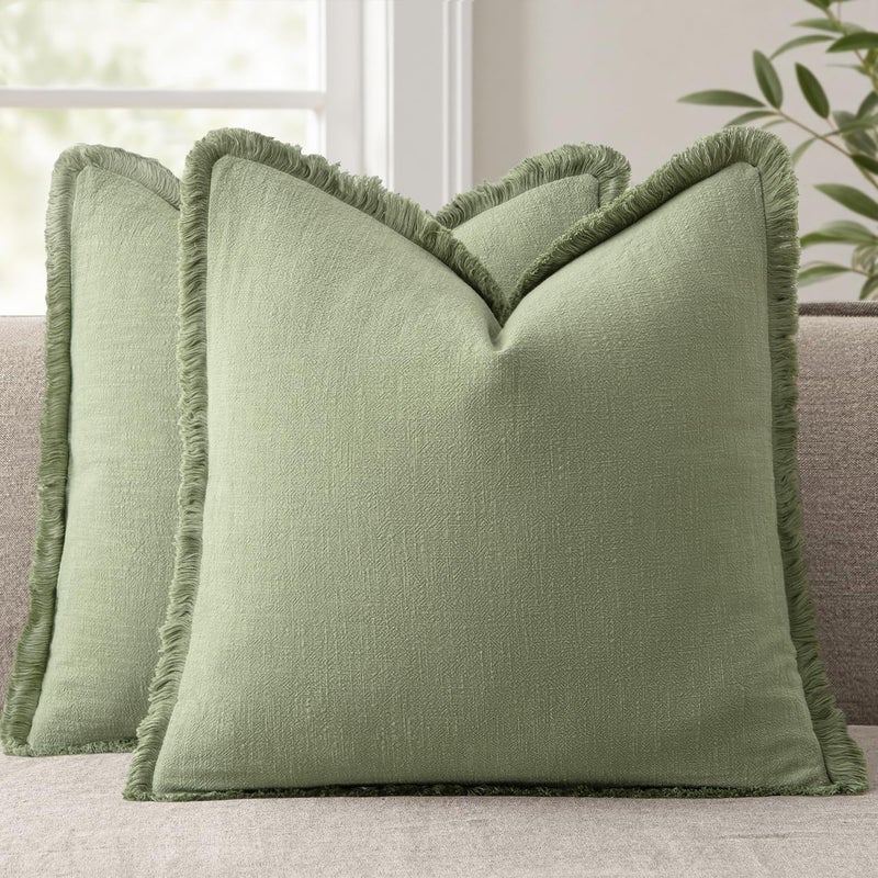 ANRODUO Set of 2 Decorative Throw Pillow Covers 18Ã—18 Inch Soft Linen Fringe Farmhouse Boho Vintage Cushion Covers with Tassels Accent Pillowcase for Couch Sofa Bed Living Room Spring Decor Sage Green - Image 1