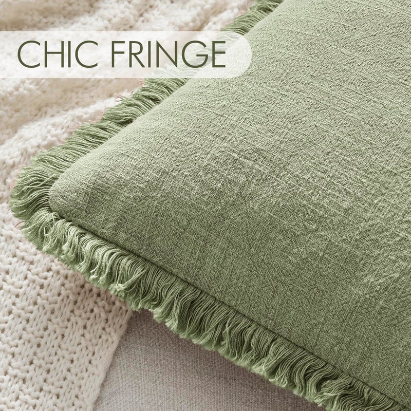 ANRODUO Set of 2 Decorative Throw Pillow Covers 18Ã—18 Inch Soft Linen Fringe Farmhouse Boho Vintage Cushion Covers with Tassels Accent Pillowcase for Couch Sofa Bed Living Room Spring Decor Sage Green - Image 3