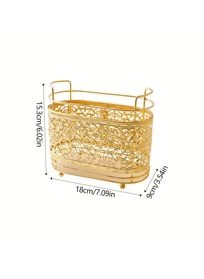 أنبوب بيضاوي لأدوات المائدة بدانتيل ذهبي - حامل أدوات مطبخ بقاعدة خشبية - Image 3