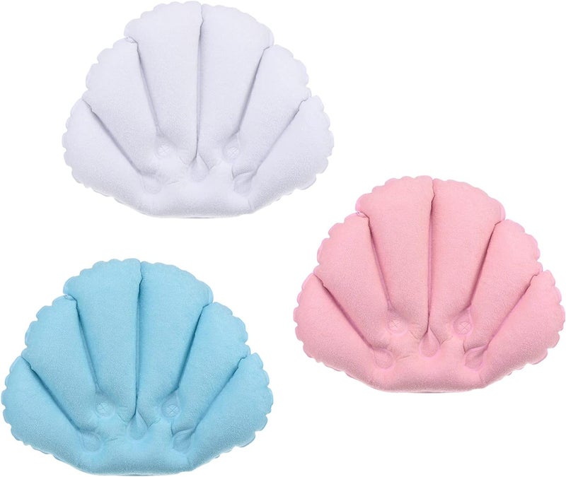PATIKIL PATIKIL Inflatable Bath Pillow with Suction Cups, 3 Pack Terry Cloth Covered Shell Shape Bath Pillow Neck Support for Bathtub Hot Tub (Pink, Blue, White) 