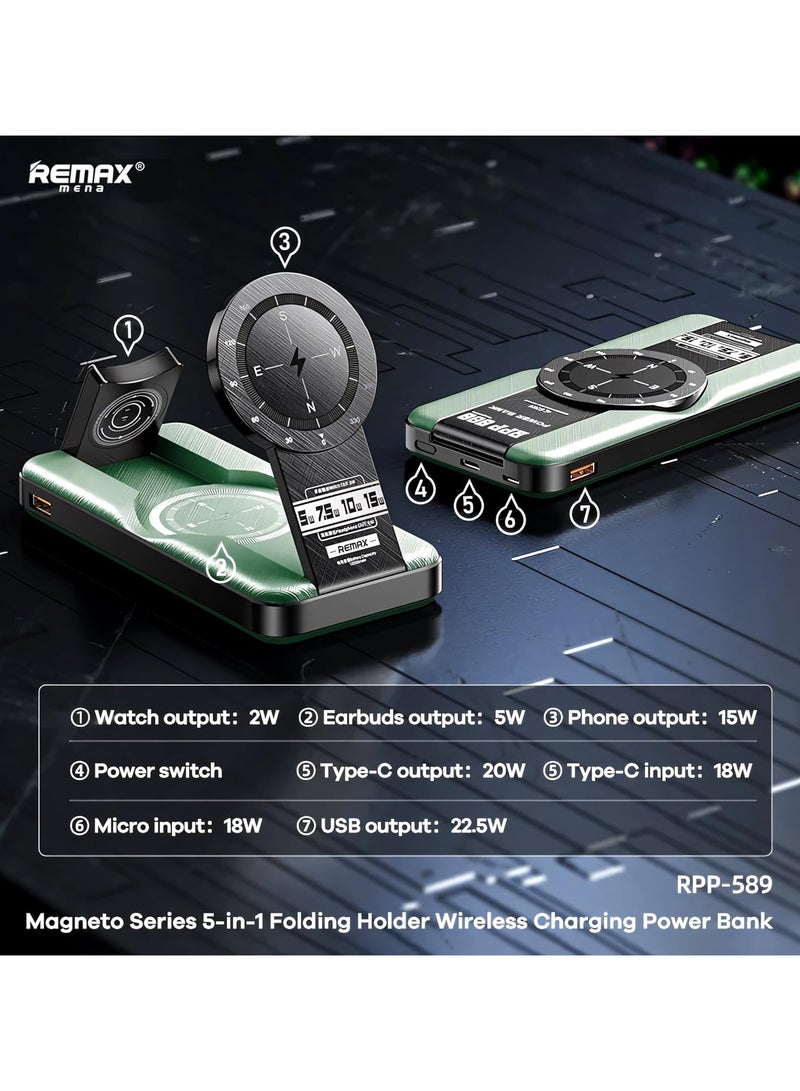 Remax Mena Power Bank 5 IN 1 Supports Wireless Charging for Phone, Watch and Earphones, Stylish Design, Charger devices Horizontally or Vertically, Foldable Holder, Battery Capacity 10000mAh (Grey) - Image 2