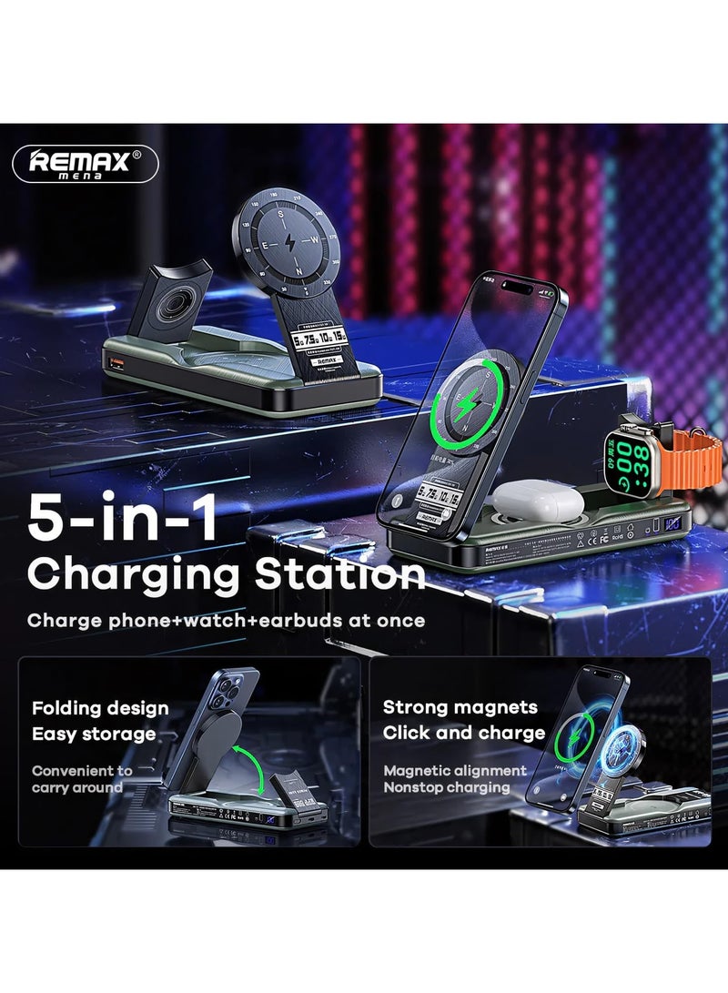 Remax Mena Power Bank 5 IN 1 Supports Wireless Charging for Phone, Watch and Earphones, Stylish Design, Charger devices Horizontally or Vertically, Foldable Holder, Battery Capacity 10000mAh (Grey) - Image 3