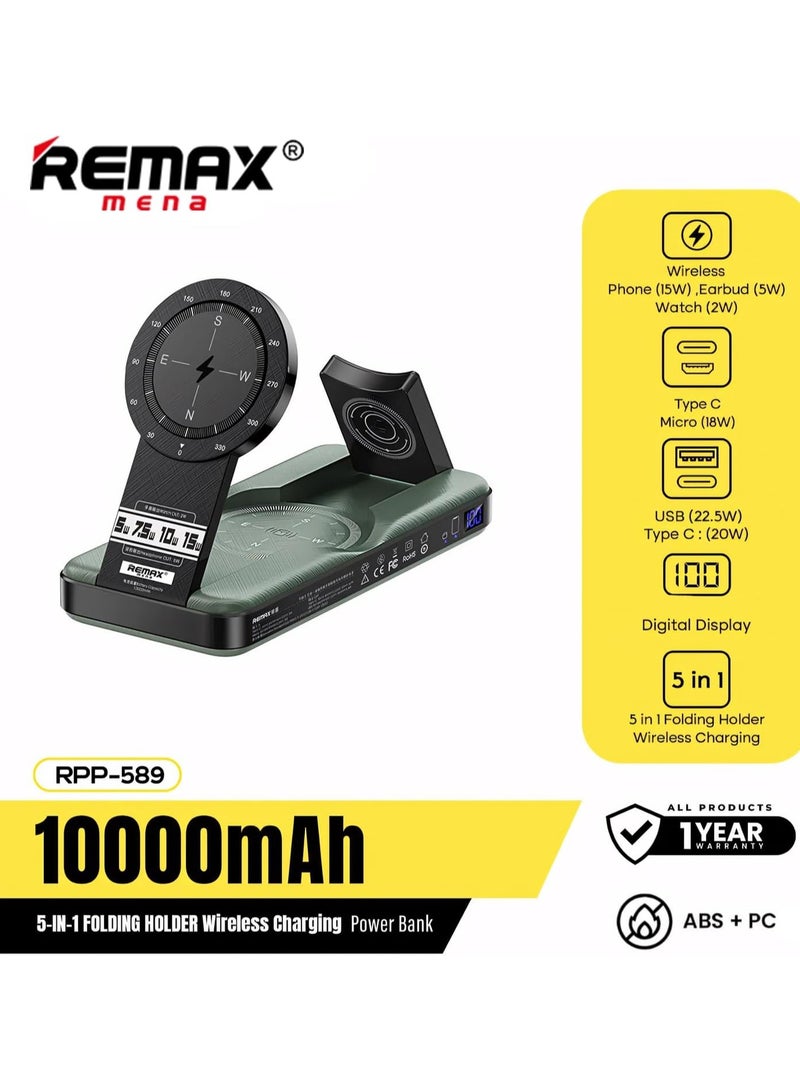 Remax Mena Power Bank 5 IN 1 Supports Wireless Charging for Phone, Watch and Earphones, Stylish Design, Charger devices Horizontally or Vertically, Foldable Holder, Battery Capacity 10000mAh (Grey) - Image 5