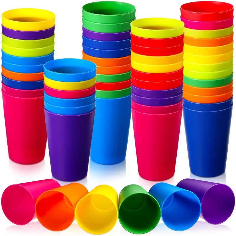 Potchen Potchen 60 Pieces Plastic Cups Kids 85 oz Reusable Children Drinking Cups Juice Tumblers for Toddler Adults for Parties School YellowOrangeRedPurpleGreenDark Blue