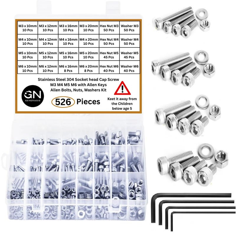 GENERASIS - SS304 | M3, M4, M5, M6 | Nut & Bolt Sets | 4 - Sizes | Stainless Steel Socket Head Cap Screws, Nuts, Washers & Allen Keys Assortment Kit – Storage Box for DIY, Home Use (Pack of 526) - Image 1