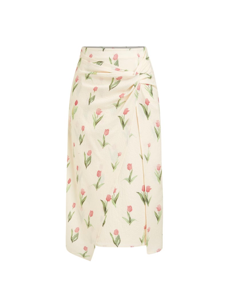 CIDER Women's Floral Asymmetrical Summer Skirts Tied High Waist Ruched Casual Skirts for Women Beige - Image 1