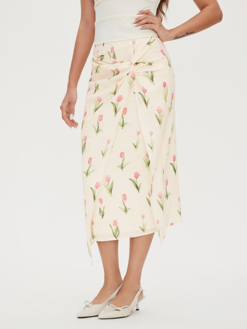 CIDER Women's Floral Asymmetrical Summer Skirts Tied High Waist Ruched Casual Skirts for Women Beige - Image 3