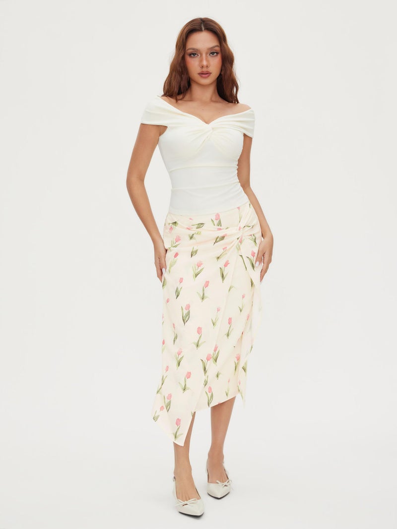 CIDER Women's Floral Asymmetrical Summer Skirts Tied High Waist Ruched Casual Skirts for Women Beige - Image 2