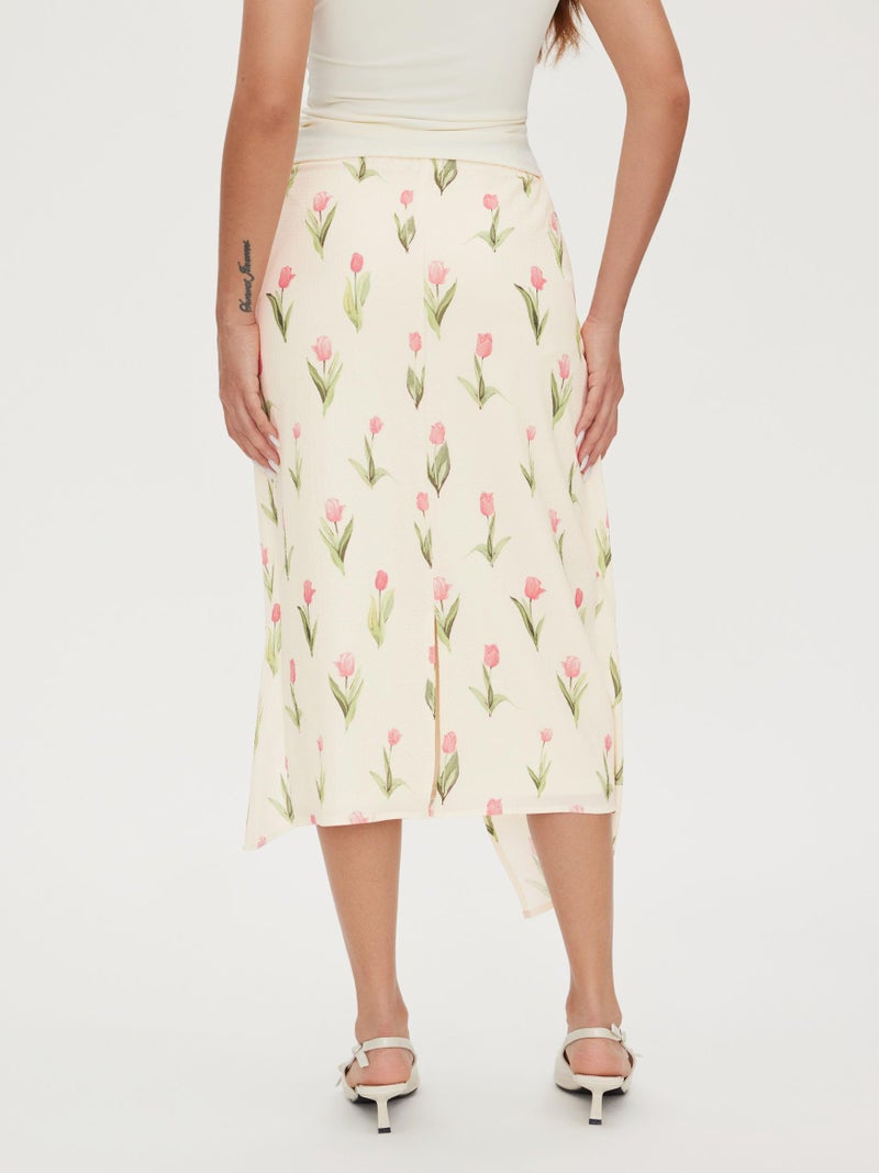 CIDER Women's Floral Asymmetrical Summer Skirts Tied High Waist Ruched Casual Skirts for Women Beige - Image 4
