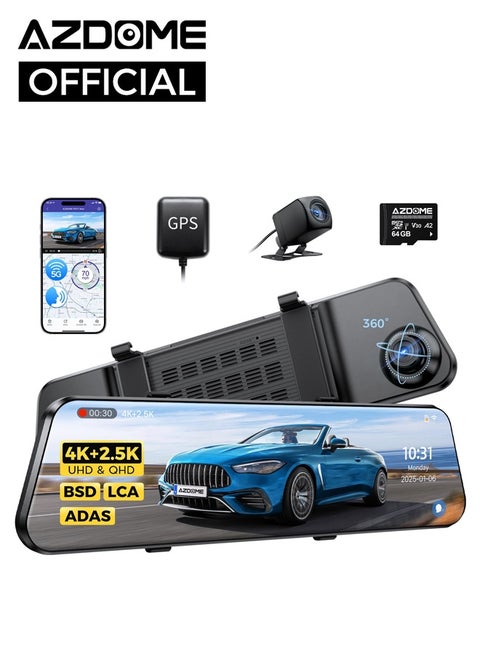4K+2.5K Mirror Dash Cam with ADAS, BSD and LCA, 12" Rear View Mirror Camera with 5GHz WiFi and Voice Control, Rearview Mirror Backup Camera Includes 64GB Card, GPS, Parking Monitor
