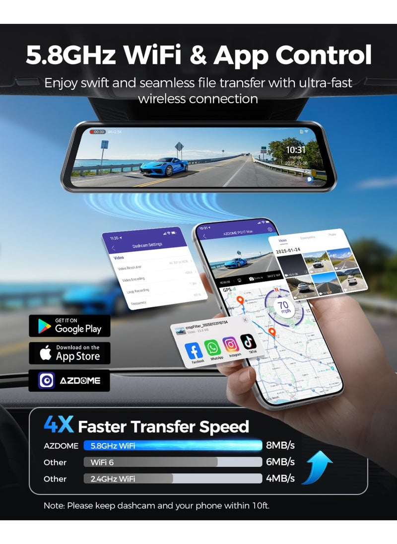 AZDOME - 4K+2.5K Mirror Dash Cam with ADAS, BSD and LCA, 12" Rear View Mirror Camera with 5GHz WiFi and Voice Control, Rearview Mirror Backup Camera Includes 64GB Card, GPS, Parking Monitor - Image 1
