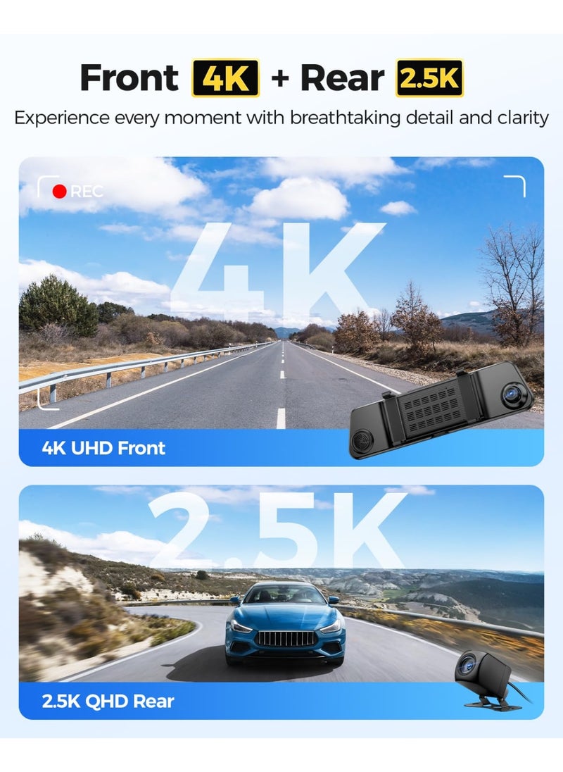 AZDOME - 4K+2.5K Mirror Dash Cam with ADAS, BSD and LCA, 12" Rear View Mirror Camera with 5GHz WiFi and Voice Control, Rearview Mirror Backup Camera Includes 64GB Card, GPS, Parking Monitor - Image 1