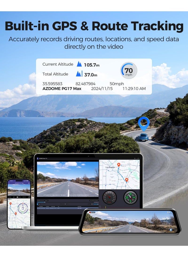 AZDOME - 4K+2.5K Mirror Dash Cam with ADAS, BSD and LCA, 12" Rear View Mirror Camera with 5GHz WiFi and Voice Control, Rearview Mirror Backup Camera Includes 64GB Card, GPS, Parking Monitor - Image 1