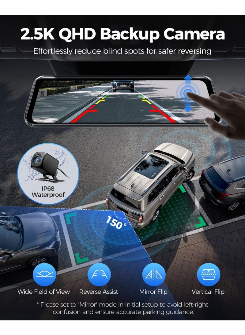 AZDOME - 4K+2.5K Mirror Dash Cam with ADAS, BSD and LCA, 12" Rear View Mirror Camera with 5GHz WiFi and Voice Control, Rearview Mirror Backup Camera Includes 64GB Card, GPS, Parking Monitor - Image 1