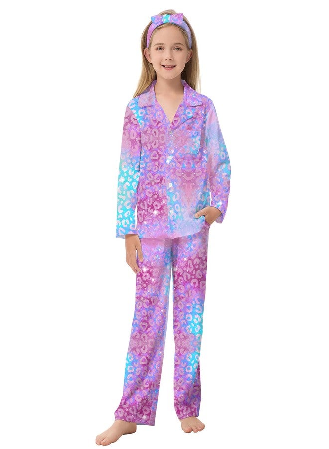 CARETOO Girls Pajamas Satin Long Sleeve Long Pants with Headband Pajama Set Kids Cute Button down Sleepwear 4-12Y, Purple Unicorn, 7-8 years - Image 3