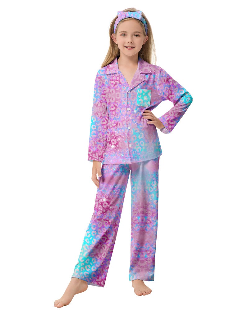 CARETOO Girls Pajamas Satin Long Sleeve Long Pants with Headband Pajama Set Kids Cute Button down Sleepwear 4-12Y, Purple Unicorn, 7-8 years - Image 1