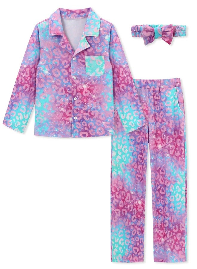 CARETOO Girls Pajamas Satin Long Sleeve Long Pants with Headband Pajama Set Kids Cute Button down Sleepwear 4-12Y, Purple Unicorn, 7-8 years - Image 2