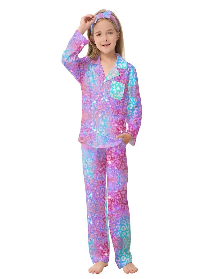 CARETOO Girls Pajamas Satin Long Sleeve Long Pants with Headband Pajama Set Kids Cute Button down Sleepwear 4-12Y, Purple Unicorn, 7-8 years - Image 5