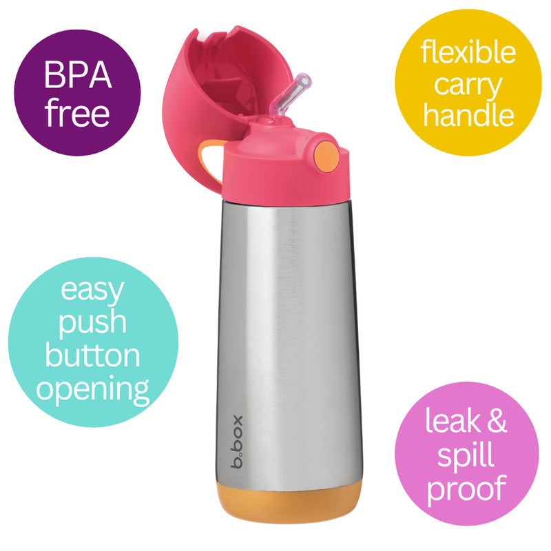 B.Box Insulated Drink Bottle with Straw | Stainless Steel Water Bottle for Kids 3+ Years | Push Button Lid | BPA-Free | Keeps Drinks Cold up to 15 Hours | 500ml (17 fl oz)-Strawberry Shake - Image 2
