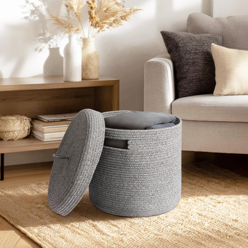 WILLITAT Storage Basket with Lid, Woven Blanket Storage for Living Room, Soft Cotton Rope Bin with Lid, Round Wicker Laundry Basket with Cover, Lidded Kid Dog Toy Box, Nursery Organizer, 15"x13", Gray - Image 3