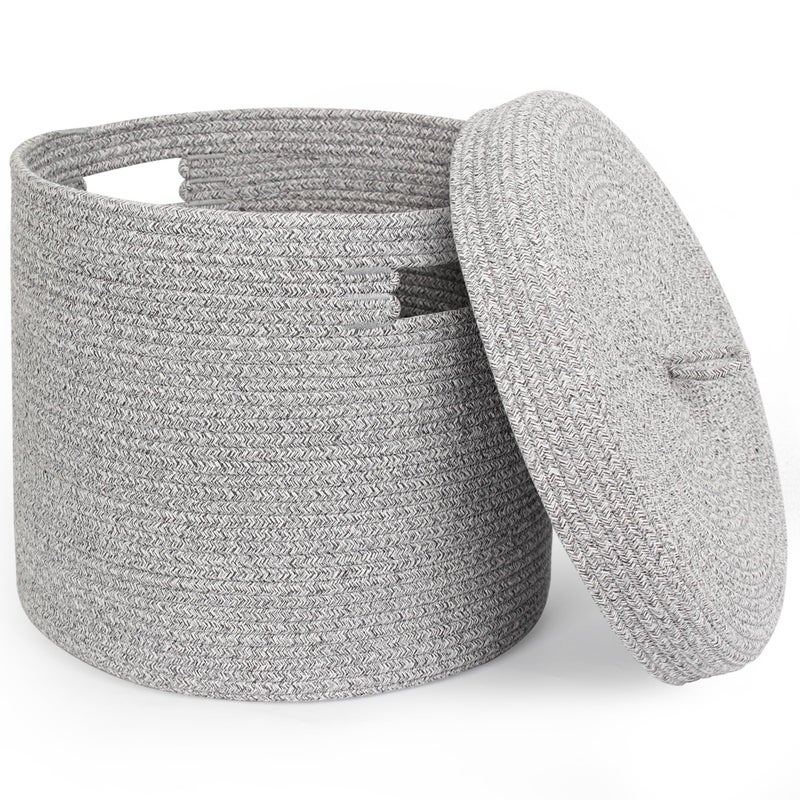 WILLITAT Storage Basket with Lid, Woven Blanket Storage for Living Room, Soft Cotton Rope Bin with Lid, Round Wicker Laundry Basket with Cover, Lidded Kid Dog Toy Box, Nursery Organizer, 15"x13", Gray - Image 1