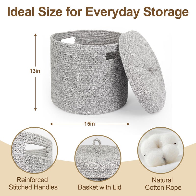 WILLITAT Storage Basket with Lid, Woven Blanket Storage for Living Room, Soft Cotton Rope Bin with Lid, Round Wicker Laundry Basket with Cover, Lidded Kid Dog Toy Box, Nursery Organizer, 15"x13", Gray - Image 2