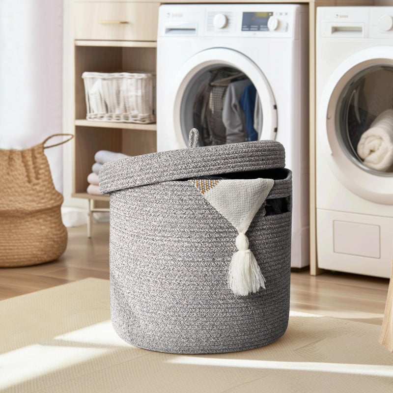WILLITAT Storage Basket with Lid, Woven Blanket Storage for Living Room, Soft Cotton Rope Bin with Lid, Round Wicker Laundry Basket with Cover, Lidded Kid Dog Toy Box, Nursery Organizer, 15"x13", Gray - Image 4