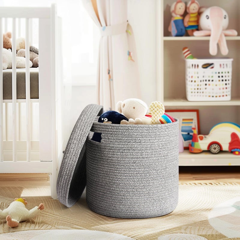 WILLITAT Storage Basket with Lid, Woven Blanket Storage for Living Room, Soft Cotton Rope Bin with Lid, Round Wicker Laundry Basket with Cover, Lidded Kid Dog Toy Box, Nursery Organizer, 15"x13", Gray - Image 5