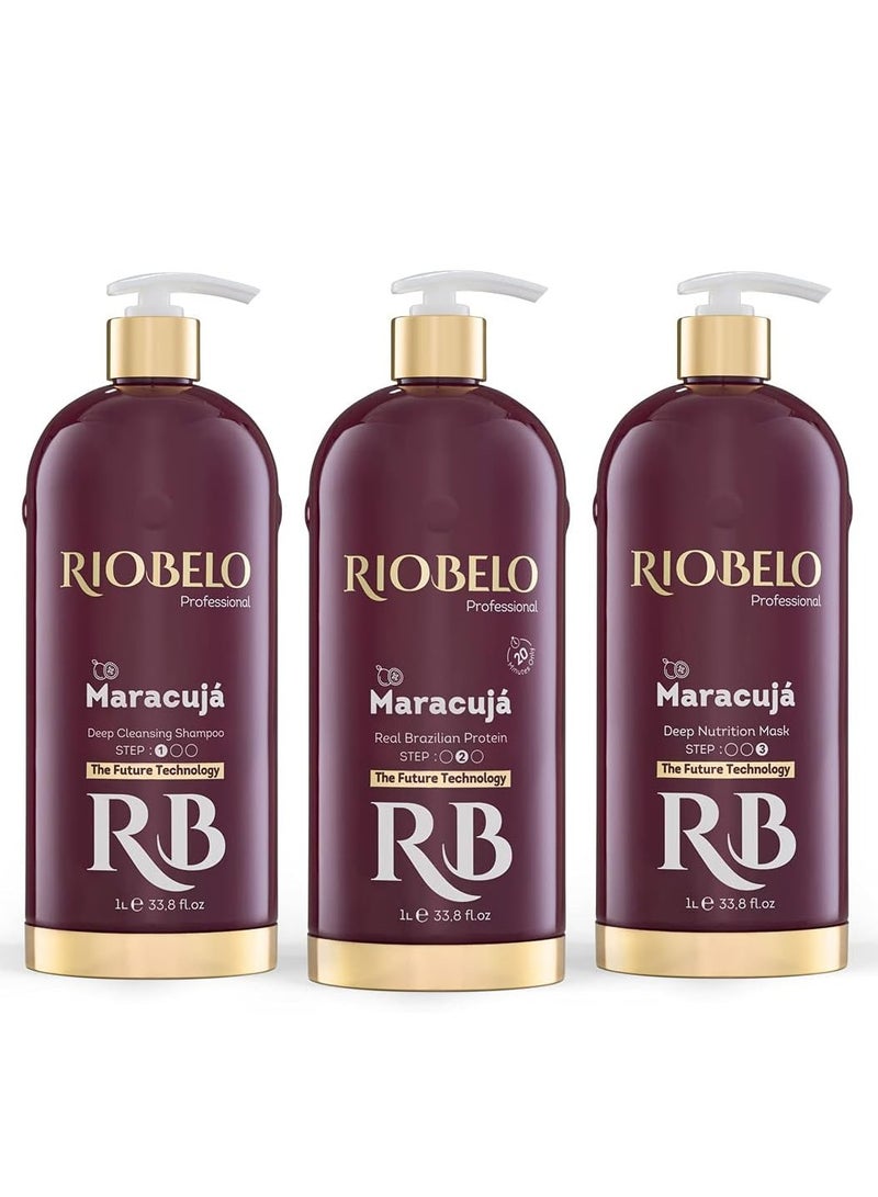 RIOBELO Hair Protein, Maracujá Protein Treatment for Hair, Brazilian Protein Hair Kit for Curly & Normal Hair by RIOBELO Professional Real, 1L - 3 Steps Home Care Kit - Image 1