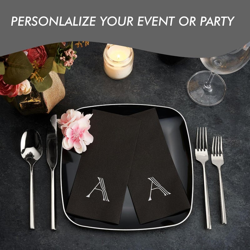 BloominGoods 50Pack LinenFeel Mongrammed Napkins Black Paper 12 x 17 Silver Foil Letter A Napkins Disposale Initial Guest Towels For Wedding Bathroom Party Baby Shower Or Event - Image 2