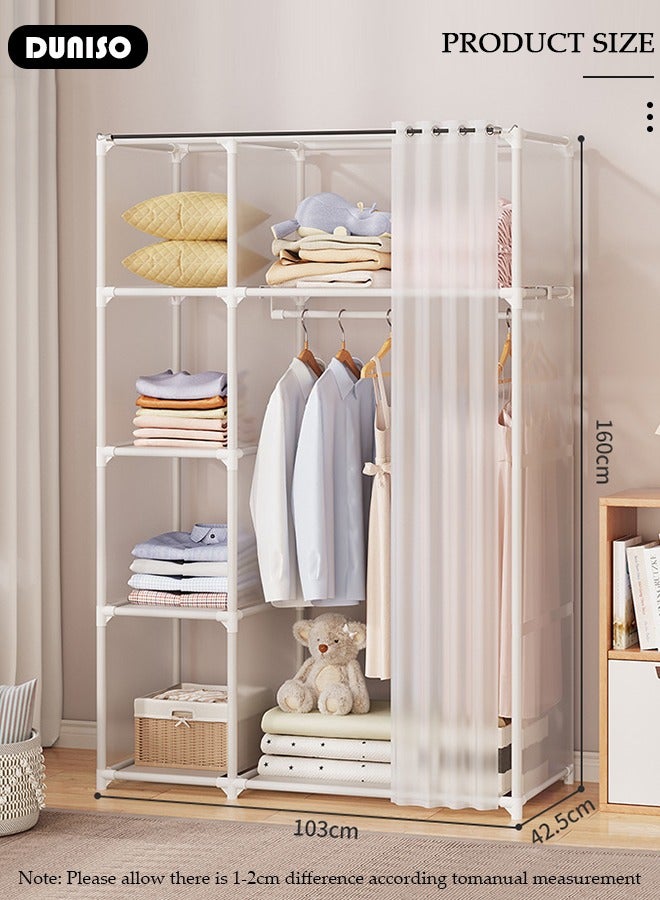 DUNISO Clothing Storage Cabinet with Curtain, Portable Wardrobe Closet Thick Steel Pipe Clothes Closet with Hanging Rod Closet Storage with 4 Storage Box, Freestanding with Shelves, for Living Room, Bedroom, Clothes Room  - Image 4