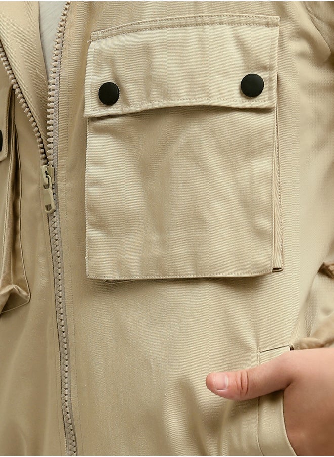 RAVIN Turn Down Collar Zipped Solid Sand Jacket  - Image 4