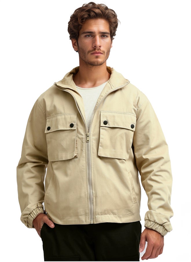 RAVIN Turn Down Collar Zipped Solid Sand Jacket  - Image 1